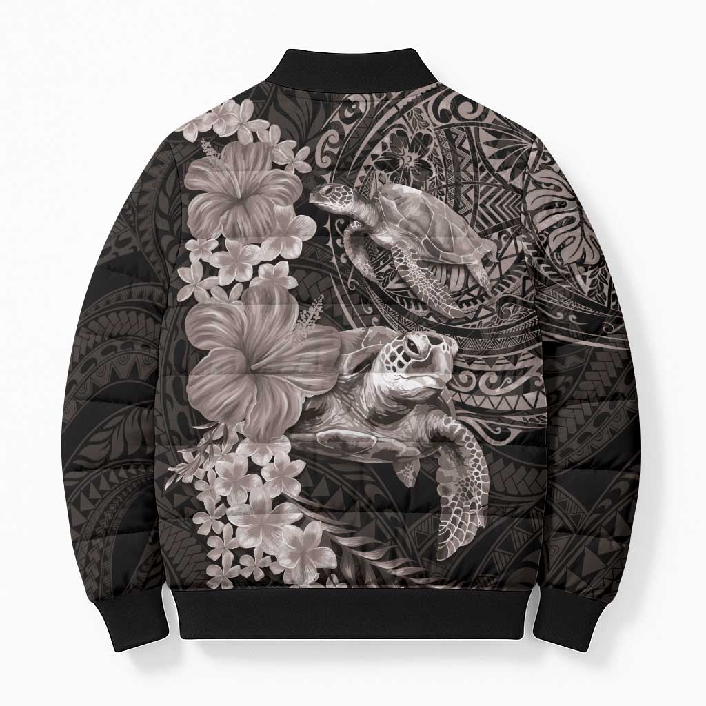 Hawaiian Plumeria and Hibiscus with Turtles Bomber Puffer Jacket Polynesian Art Grayscale - Polynesian Pride