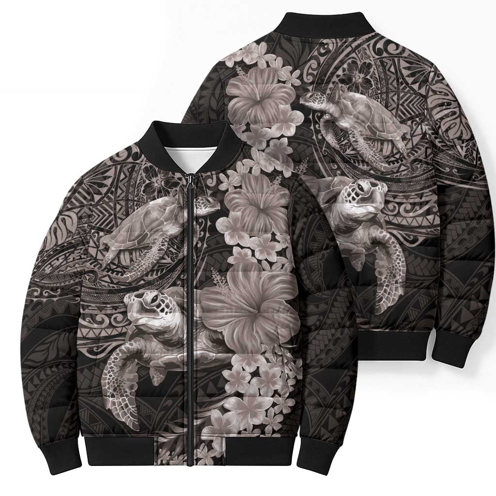 Hawaiian Plumeria and Hibiscus with Turtles Bomber Puffer Jacket Polynesian Art Grayscale - Polynesian Pride
