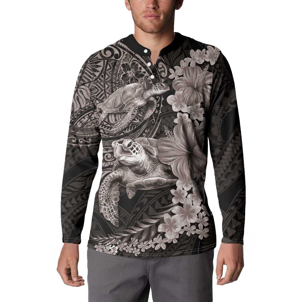 Hawaiian Plumeria and Hibiscus with Turtles Button Sweatshirt Polynesian Art Grayscale - Polynesian Pride