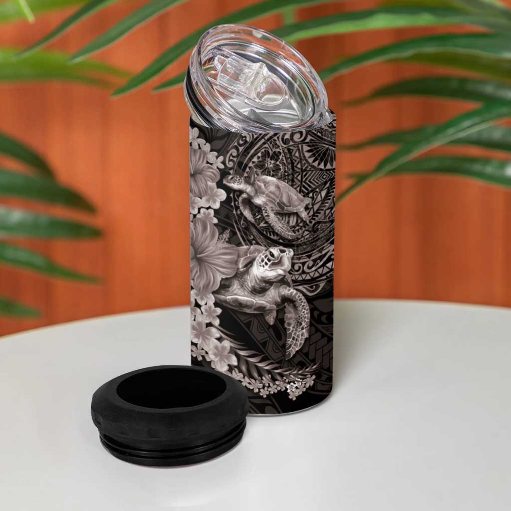 Hawaiian Plumeria and Hibiscus with Turtles 4 in 1 Can Cooler Tumbler Polynesian Art Grayscale - Polynesian Pride
