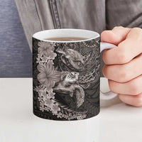 Hawaiian Plumeria and Hibiscus with Turtles Ceramic Mug Polynesian Art Grayscale - Polynesian Pride