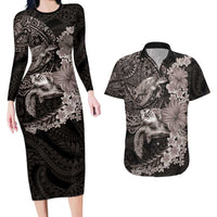 Hawaiian Plumeria and Hibiscus with Turtles Couples Matching Long Sleeve Bodycon Dress and Hawaiian Shirt Polynesian Art Grayscale - Polynesian Pride