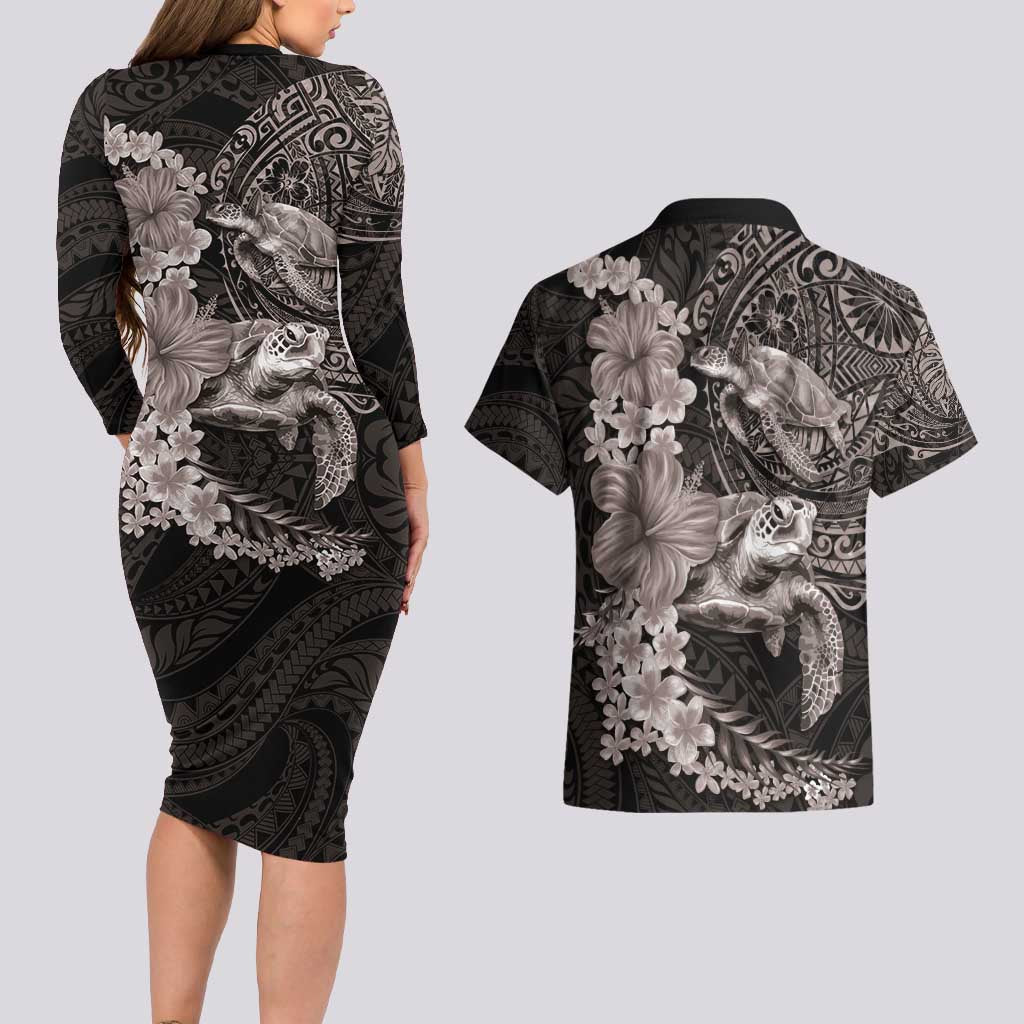 Hawaiian Plumeria and Hibiscus with Turtles Couples Matching Long Sleeve Bodycon Dress and Hawaiian Shirt Polynesian Art Grayscale - Polynesian Pride