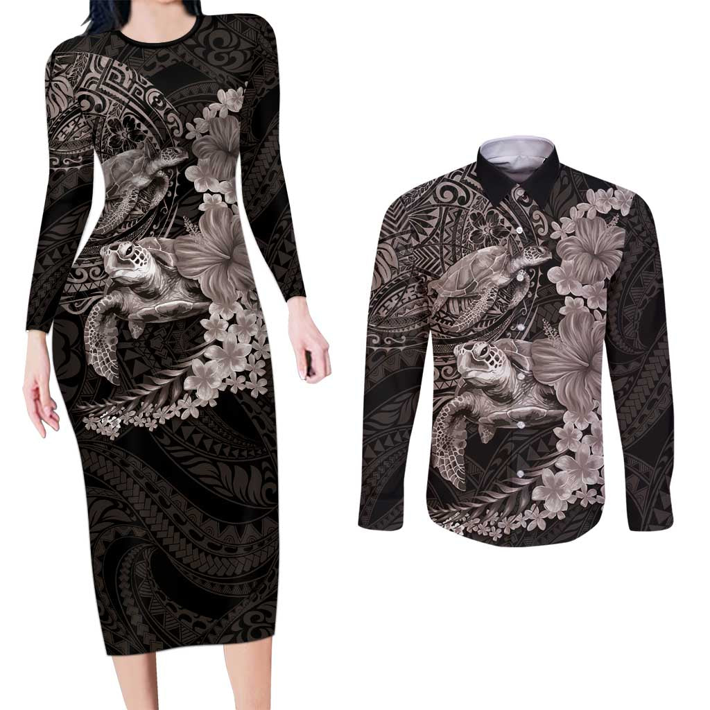 Hawaiian Plumeria and Hibiscus with Turtles Couples Matching Long Sleeve Bodycon Dress and Long Sleeve Button Shirt Polynesian Art Grayscale - Polynesian Pride