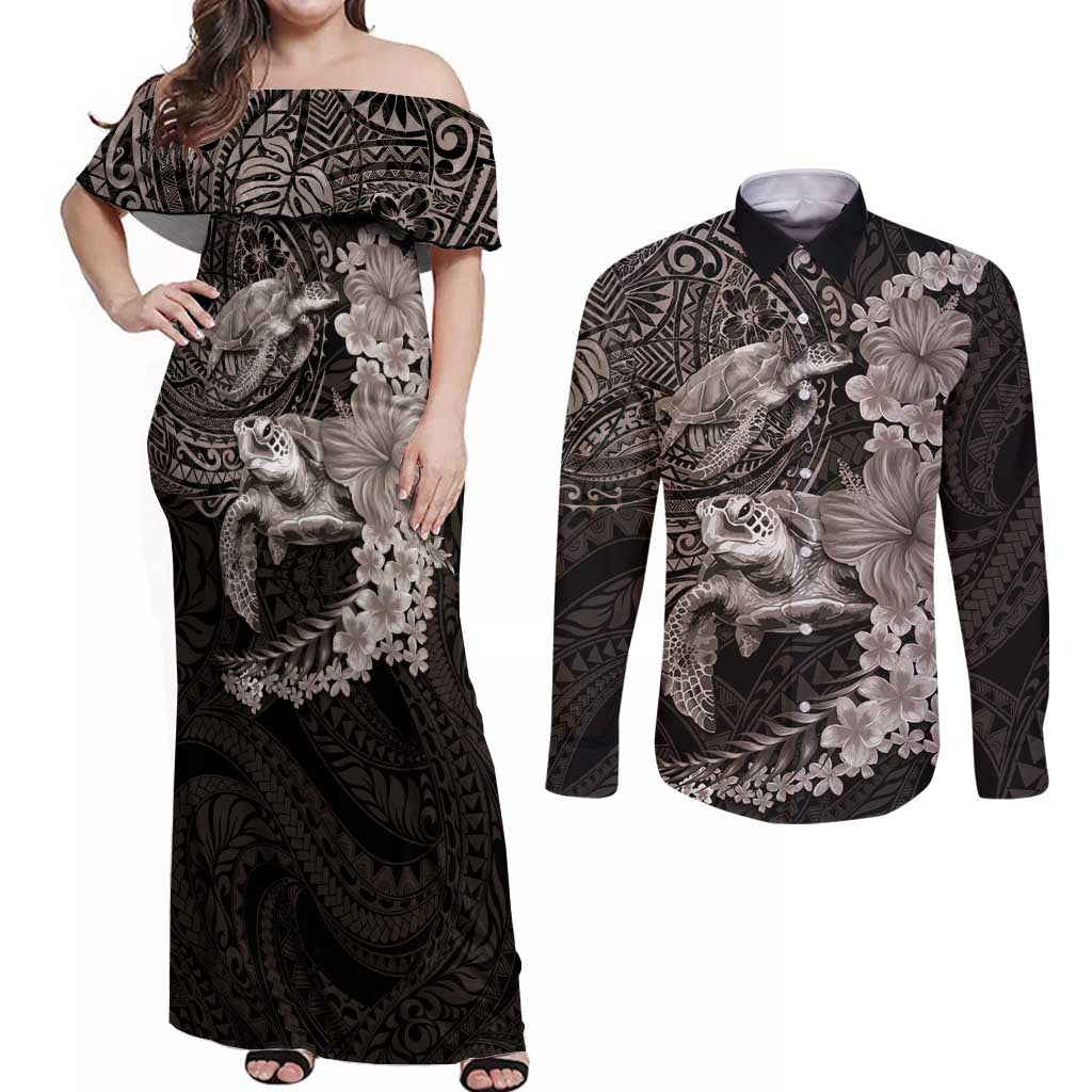 Hawaiian Plumeria and Hibiscus with Turtles Couples Matching Off Shoulder Maxi Dress and Long Sleeve Button Shirt Polynesian Art Grayscale - Polynesian Pride