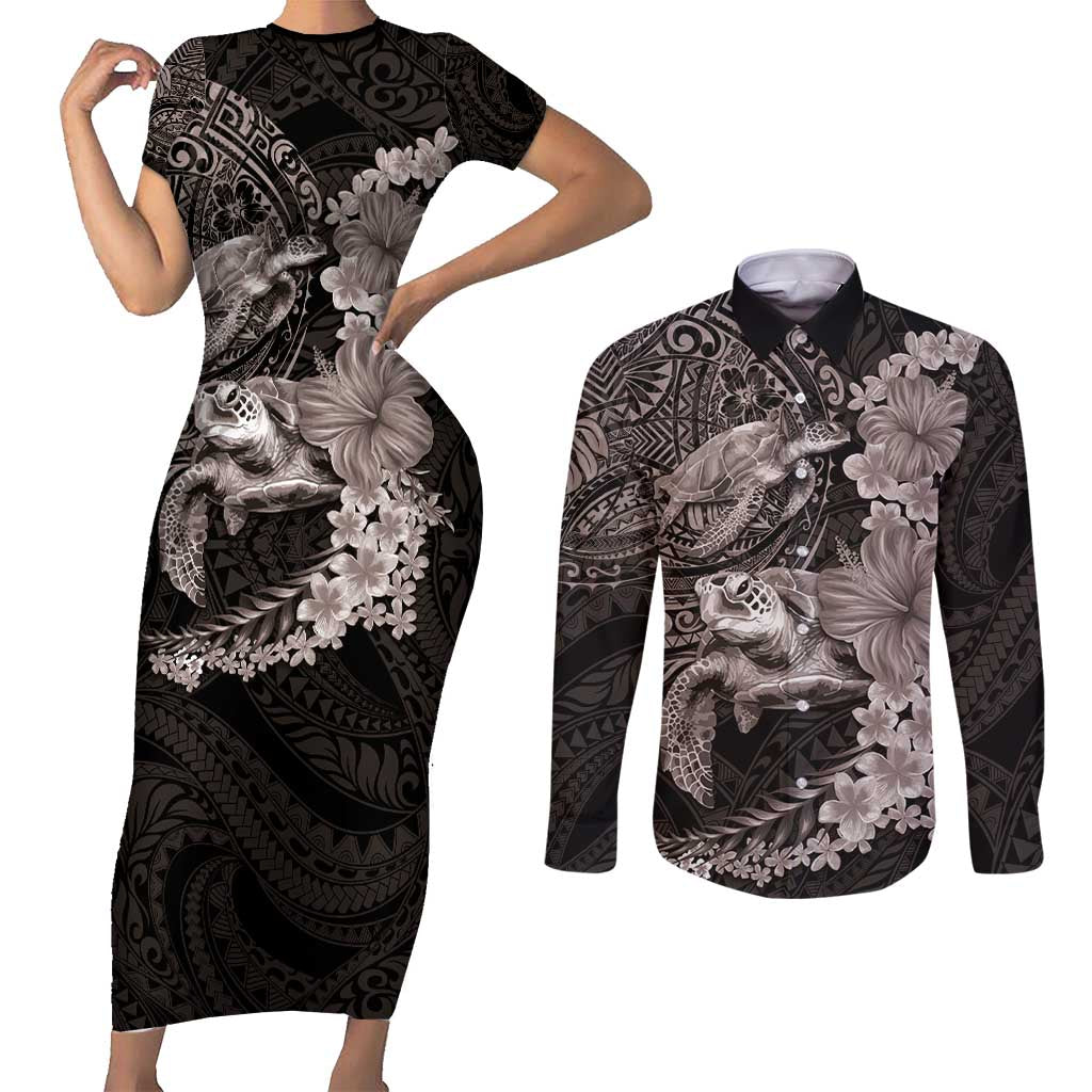 Hawaiian Plumeria and Hibiscus with Turtles Couples Matching Short Sleeve Bodycon Dress and Long Sleeve Button Shirt Polynesian Art Grayscale - Polynesian Pride