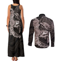 Hawaiian Plumeria and Hibiscus with Turtles Couples Matching Tank Maxi Dress and Long Sleeve Button Shirt Polynesian Art Grayscale - Polynesian Pride
