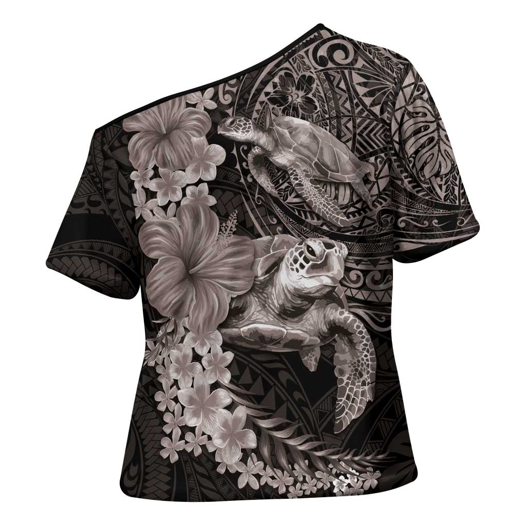 Hawaiian Plumeria and Hibiscus with Turtles Cross Shoulder Shirt Polynesian Art Grayscale - Polynesian Pride