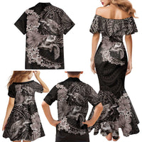 Hawaiian Plumeria and Hibiscus with Turtles Family Matching Mermaid Dress and Hawaiian Shirt Polynesian Art Grayscale - Polynesian Pride