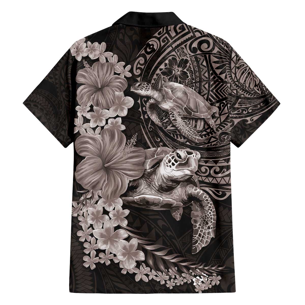 Hawaiian Plumeria and Hibiscus with Turtles Family Matching Off The Shoulder Long Sleeve Dress and Hawaiian Shirt Polynesian Art Grayscale - Polynesian Pride