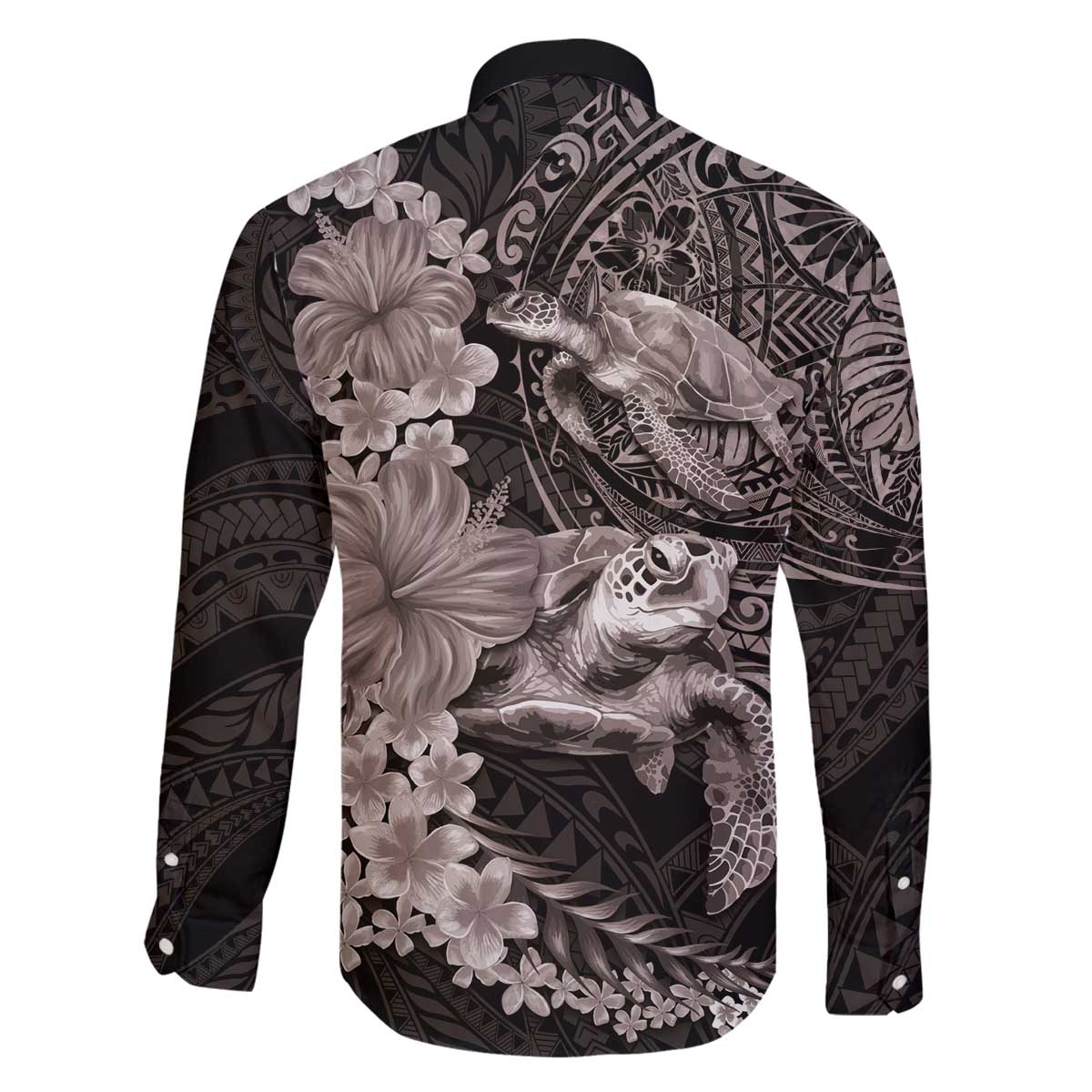 Hawaiian Plumeria and Hibiscus with Turtles Family Matching Off The Shoulder Long Sleeve Dress and Hawaiian Shirt Polynesian Art Grayscale - Polynesian Pride