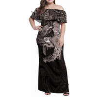 Hawaiian Plumeria and Hibiscus with Turtles Family Matching Off Shoulder Maxi Dress and Hawaiian Shirt Polynesian Art Grayscale - Polynesian Pride