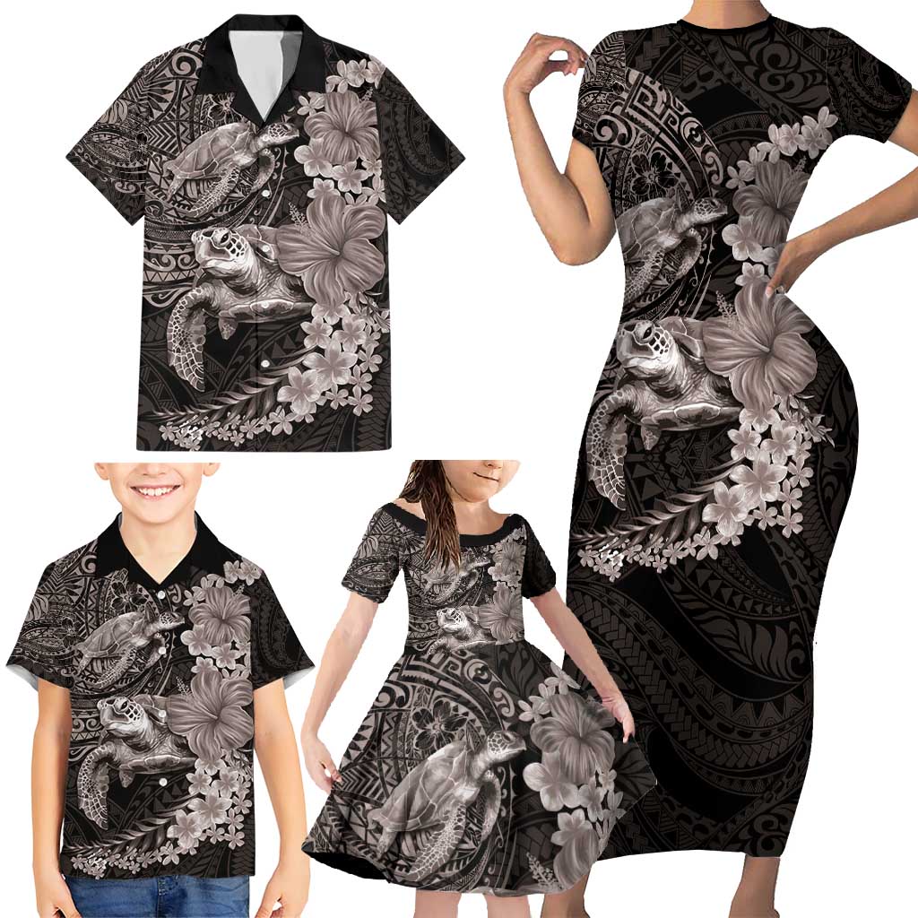Hawaiian Plumeria and Hibiscus with Turtles Family Matching Short Sleeve Bodycon Dress and Hawaiian Shirt Polynesian Art Grayscale - Polynesian Pride