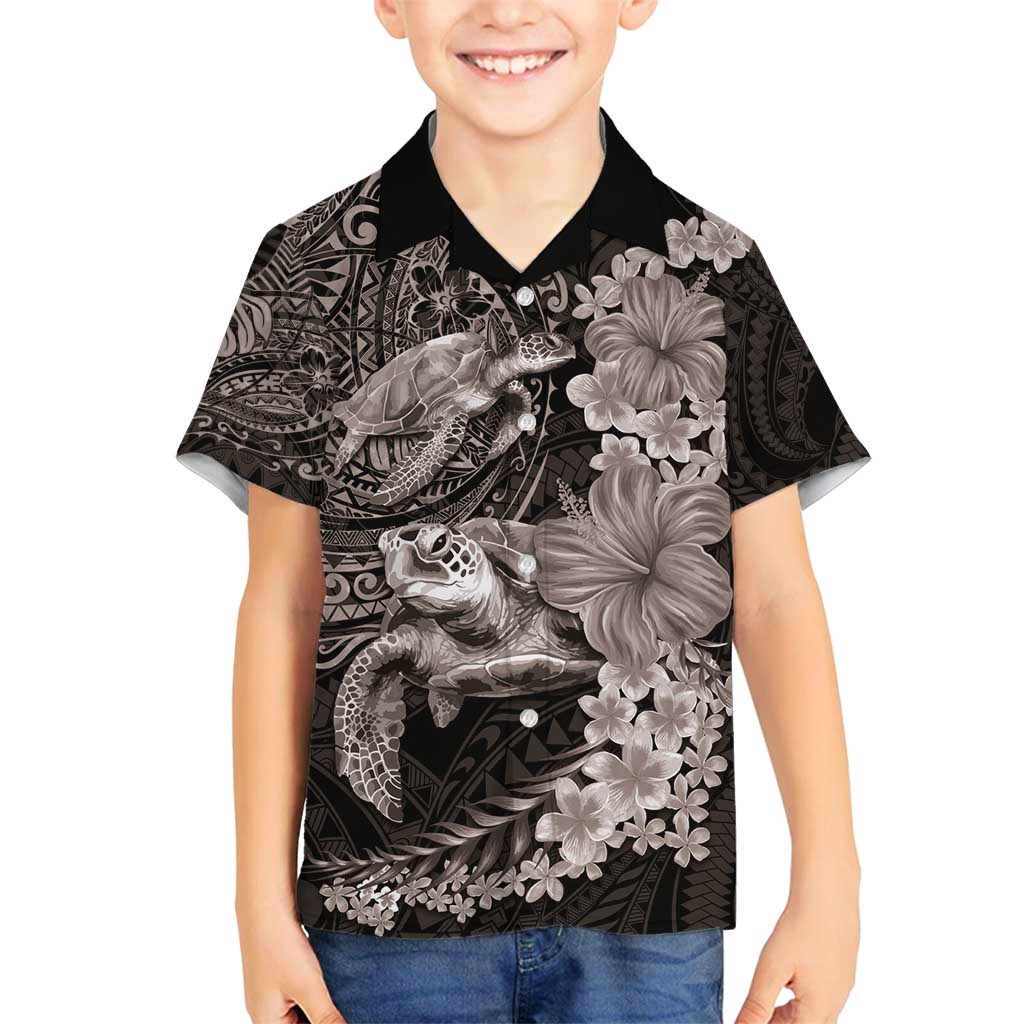 Hawaiian Plumeria and Hibiscus with Turtles Family Matching Summer Maxi Dress and Hawaiian Shirt Polynesian Art Grayscale - Polynesian Pride