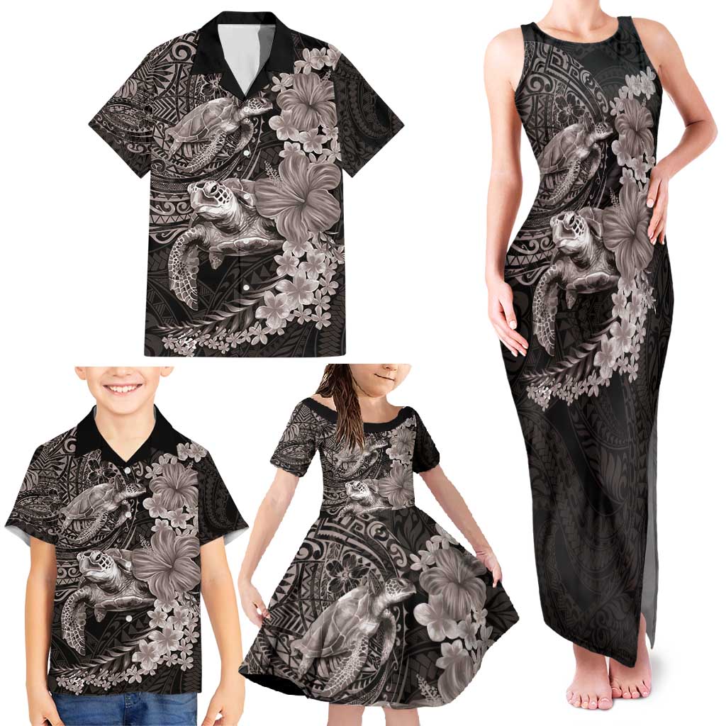 Hawaiian Plumeria and Hibiscus with Turtles Family Matching Tank Maxi Dress and Hawaiian Shirt Polynesian Art Grayscale - Polynesian Pride