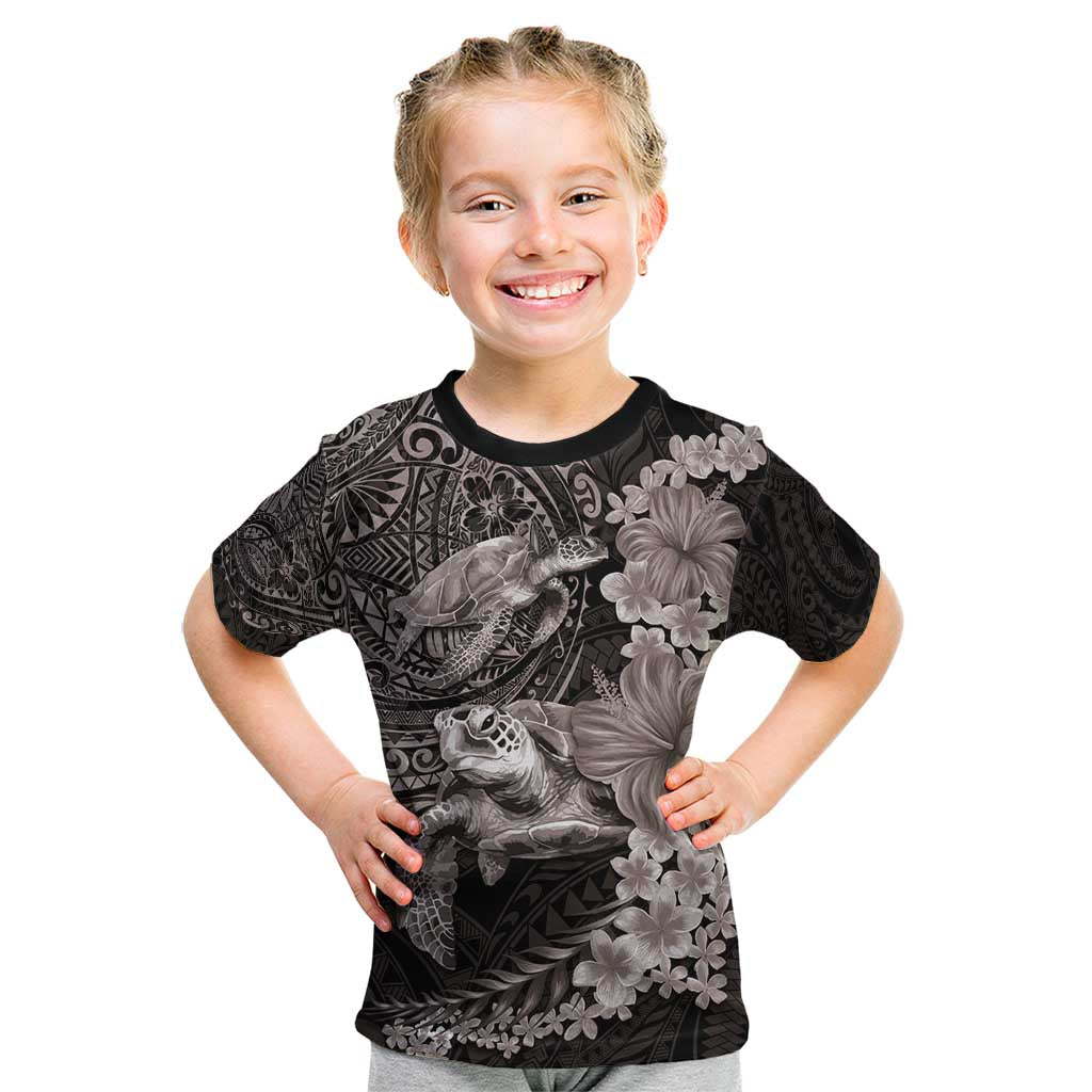Hawaiian Plumeria and Hibiscus with Turtles Kid T Shirt Polynesian Art Grayscale LT03 Black - Polynesian Pride