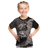 Hawaiian Plumeria and Hibiscus with Turtles Kid T Shirt Polynesian Art Grayscale LT03 Black - Polynesian Pride