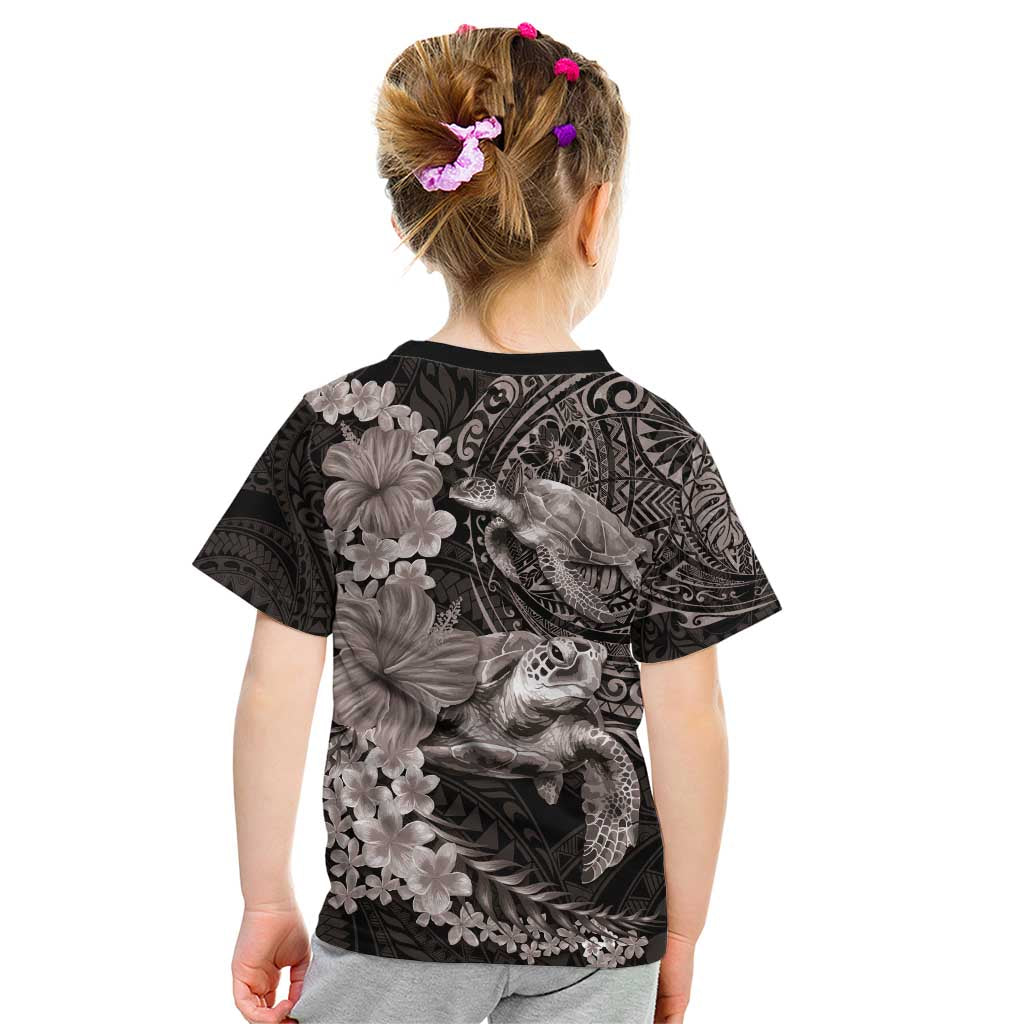 Hawaiian Plumeria and Hibiscus with Turtles Kid T Shirt Polynesian Art Grayscale LT03 - Polynesian Pride