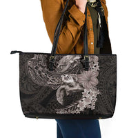 Hawaiian Plumeria and Hibiscus with Turtles Leather Tote Bag Polynesian Art Grayscale - Polynesian Pride