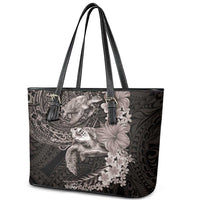 Hawaiian Plumeria and Hibiscus with Turtles Leather Tote Bag Polynesian Art Grayscale - Polynesian Pride