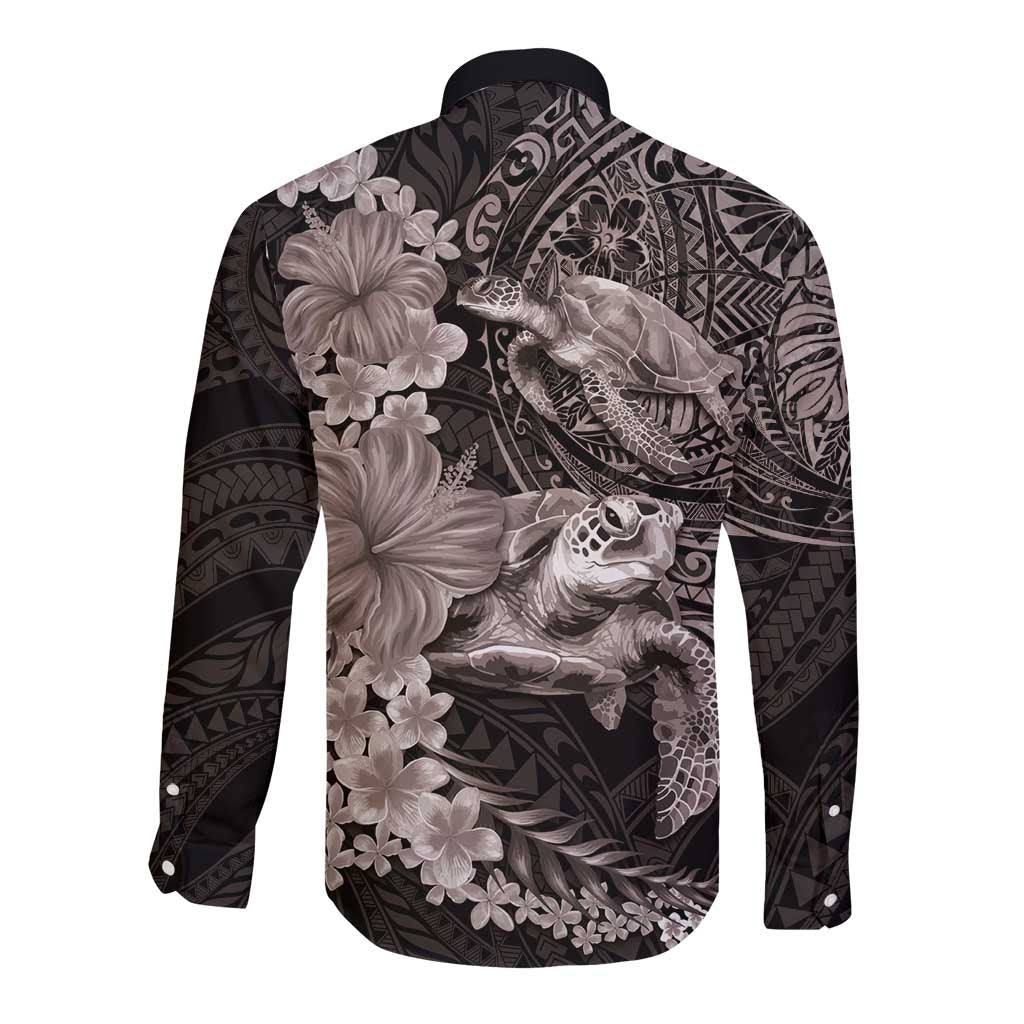 Hawaiian Plumeria and Hibiscus with Turtles Long Sleeve Button Shirt Polynesian Art Grayscale - Polynesian Pride