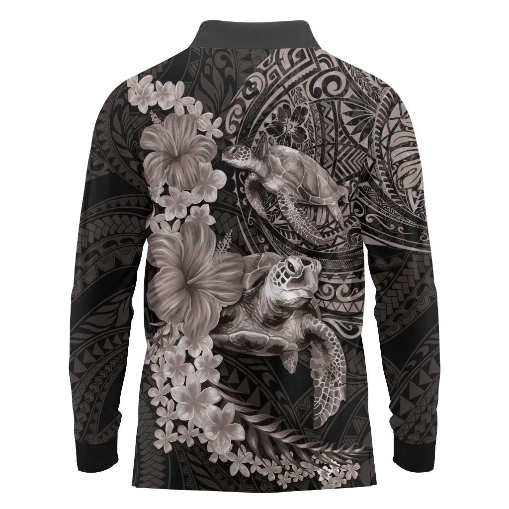 Hawaiian Plumeria and Hibiscus with Turtles Long Sleeve Polo Shirt Polynesian Art Grayscale - Polynesian Pride