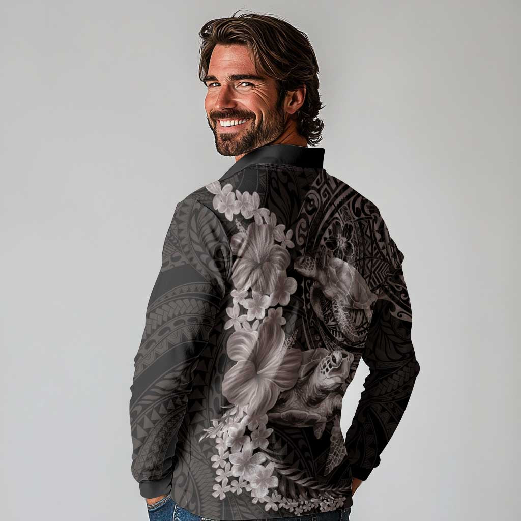 Hawaiian Plumeria and Hibiscus with Turtles Long Sleeve Polo Shirt Polynesian Art Grayscale - Polynesian Pride