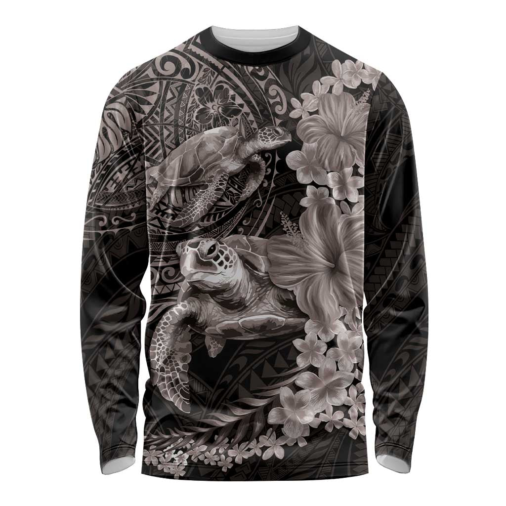 Hawaiian Plumeria and Hibiscus with Turtles Long Sleeve Shirt Polynesian Art Grayscale - Polynesian Pride