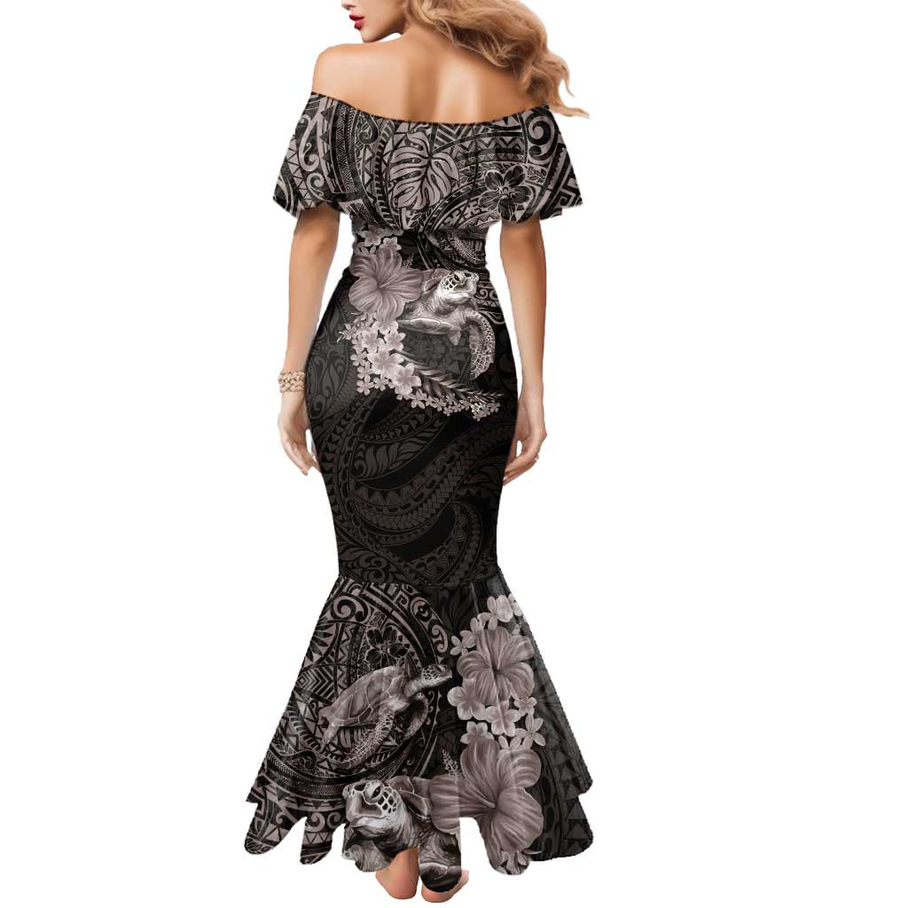 Hawaiian Plumeria and Hibiscus with Turtles Mermaid Dress Polynesian Art Grayscale - Polynesian Pride