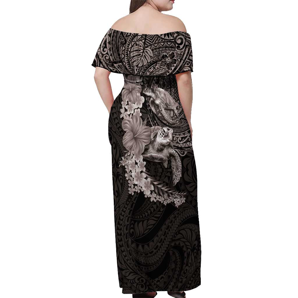 Hawaiian Plumeria and Hibiscus with Turtles Off Shoulder Maxi Dress Polynesian Art Grayscale - Polynesian Pride