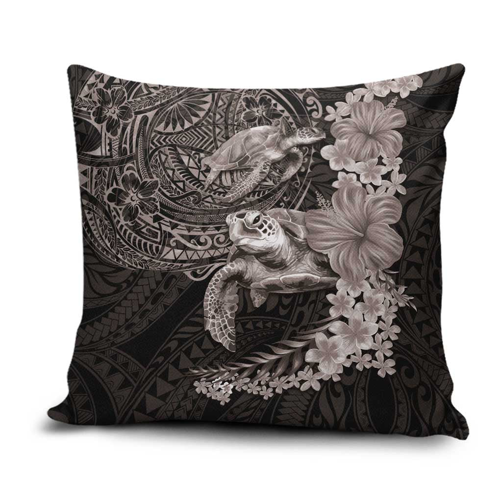 Hawaiian Plumeria and Hibiscus with Turtles Pillow Cover Polynesian Art Grayscale - Polynesian Pride