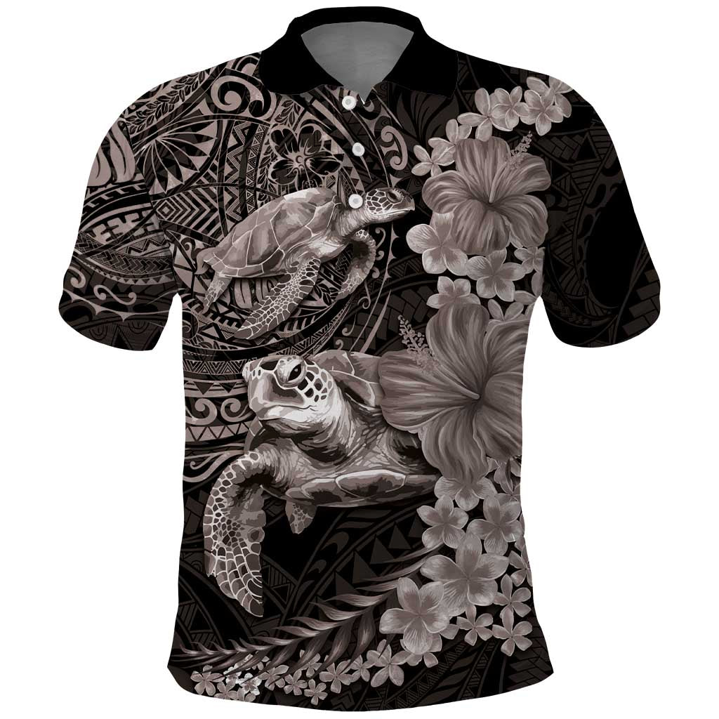 Hawaiian Plumeria and Hibiscus with Turtles Polo Shirt Polynesian Art Grayscale - Polynesian Pride