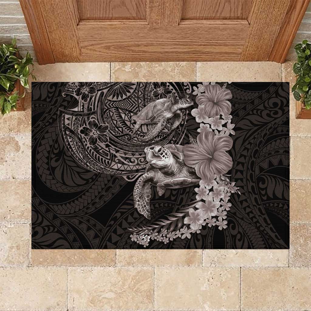Hawaiian Plumeria and Hibiscus with Turtles Rubber Doormat Polynesian Art Grayscale - Polynesian Pride