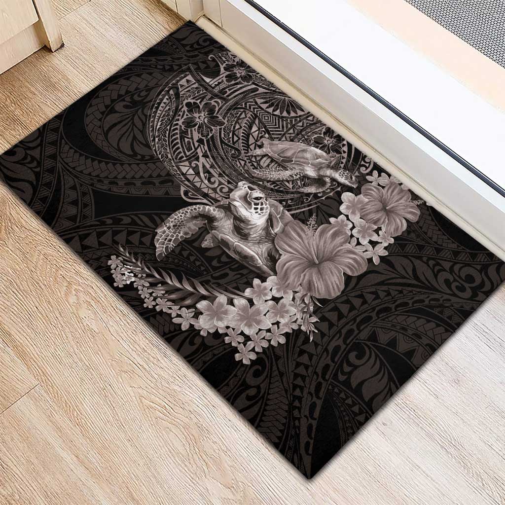 Hawaiian Plumeria and Hibiscus with Turtles Rubber Doormat Polynesian Art Grayscale - Polynesian Pride
