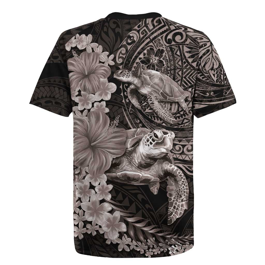 Hawaiian Plumeria and Hibiscus with Turtles Rugby Jersey Polynesian Art Grayscale - Polynesian Pride