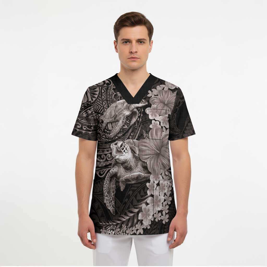 Hawaiian Plumeria and Hibiscus with Turtles Scrub Top Polynesian Art Grayscale - Polynesian Pride