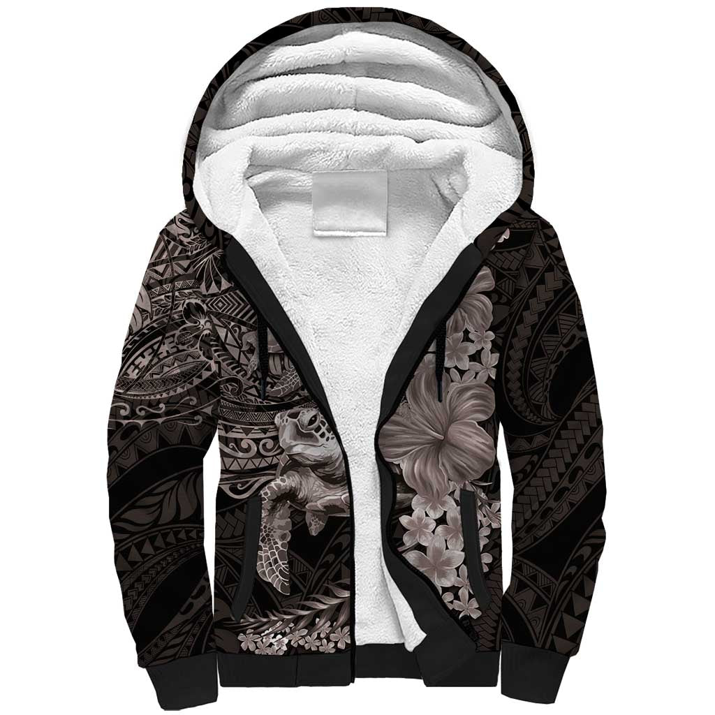 Hawaiian Plumeria and Hibiscus with Turtles Sherpa Hoodie Polynesian Art Grayscale - Polynesian Pride