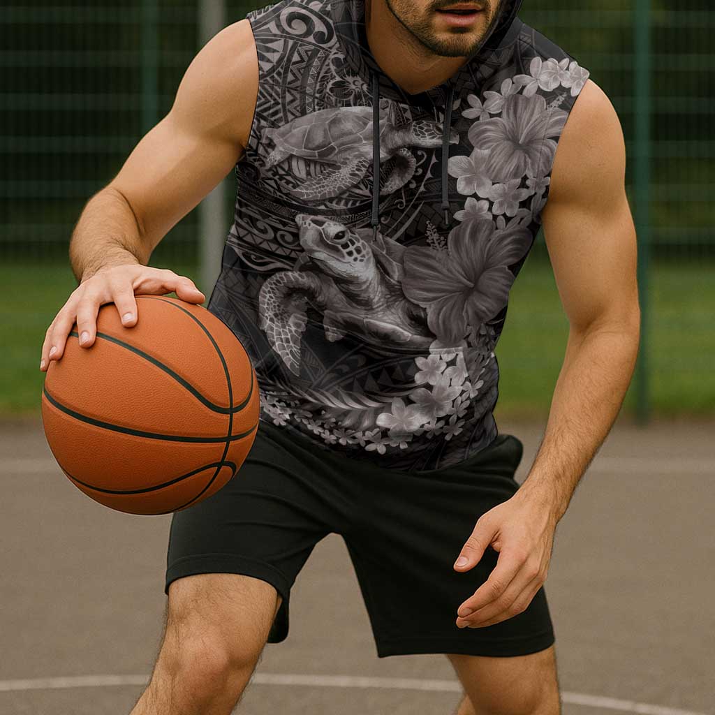 Hawaiian Plumeria and Hibiscus with Turtles Sleeveless Hoodie Polynesian Art Grayscale - Polynesian Pride