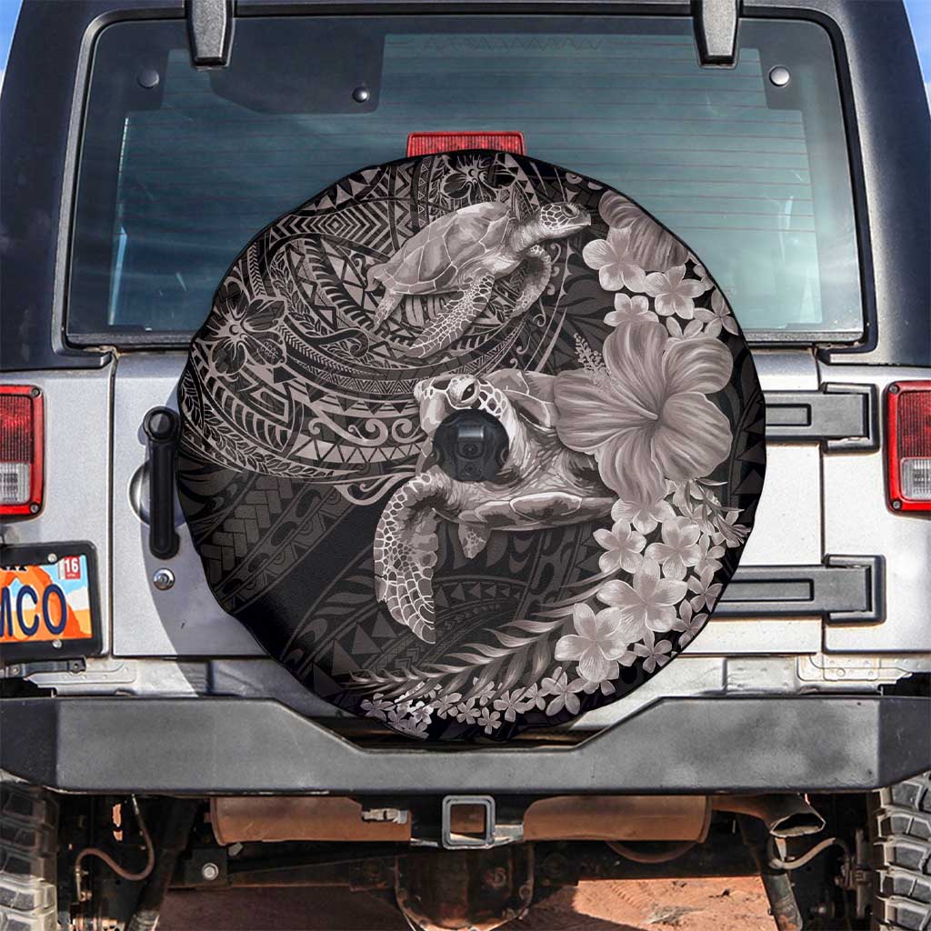 Hawaiian Plumeria and Hibiscus with Turtles Spare Tire Cover Polynesian Art Grayscale - Polynesian Pride