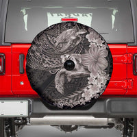 Hawaiian Plumeria and Hibiscus with Turtles Spare Tire Cover Polynesian Art Grayscale - Polynesian Pride