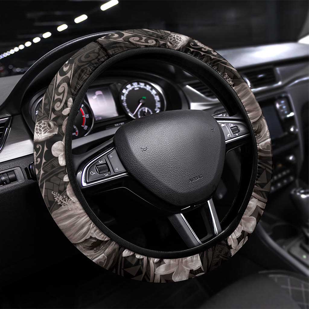 Hawaiian Plumeria and Hibiscus with Turtles Steering Wheel Cover Polynesian Art Grayscale - Polynesian Pride