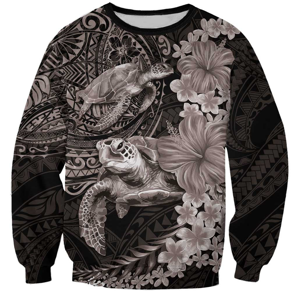 Hawaiian Plumeria and Hibiscus with Turtles Sweatshirt Polynesian Art Grayscale - Polynesian Pride