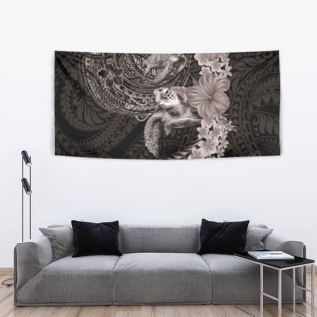 Hawaiian Plumeria and Hibiscus with Turtles Tapestry Polynesian Art Grayscale - Polynesian Pride