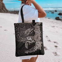 Hawaiian Plumeria and Hibiscus with Turtles Tote Bag Polynesian Art Grayscale - Polynesian Pride