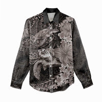 Hawaiian Plumeria and Hibiscus with Turtles Women Casual Shirt Polynesian Art Grayscale - Polynesian Pride
