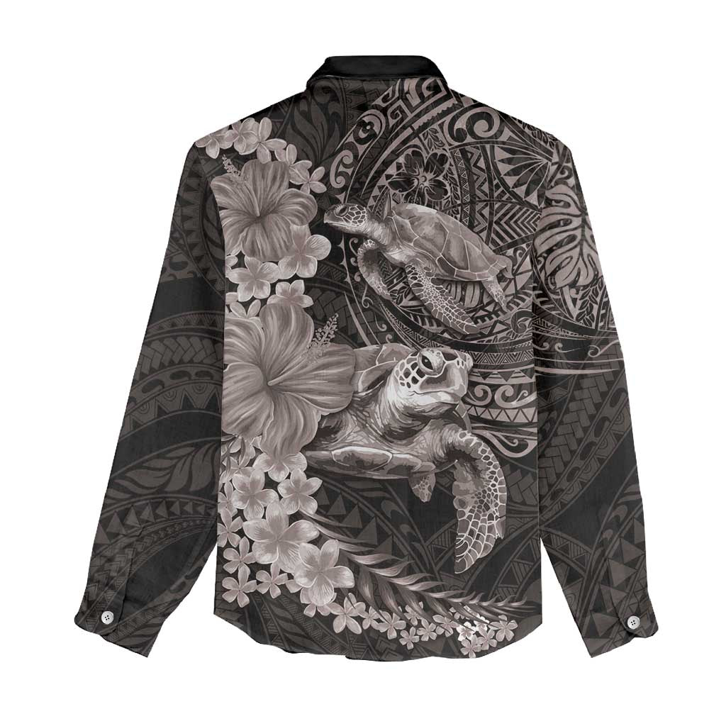 Hawaiian Plumeria and Hibiscus with Turtles Women Casual Shirt Polynesian Art Grayscale - Polynesian Pride