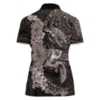 Hawaiian Plumeria and Hibiscus with Turtles Women Polo Shirt Polynesian Art Grayscale - Polynesian Pride