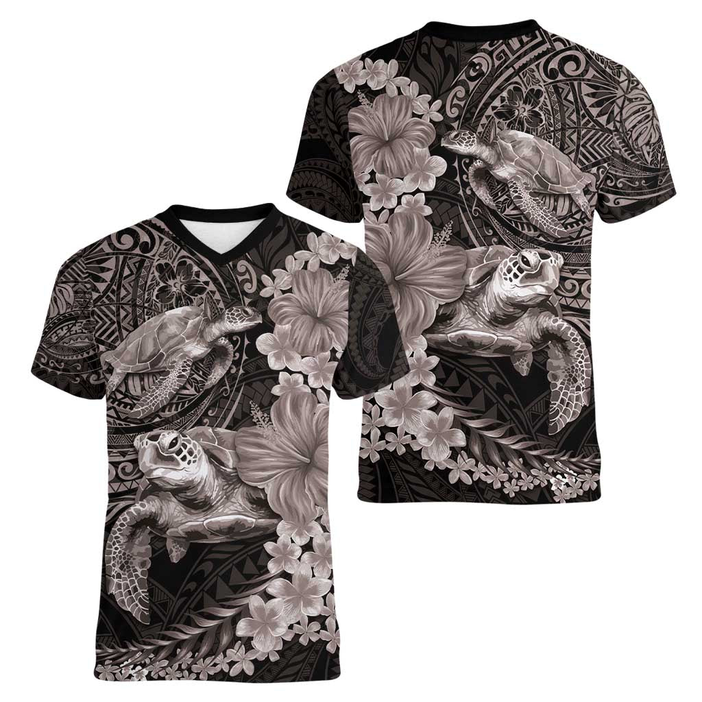 Hawaiian Plumeria and Hibiscus with Turtles Women V-Neck T-Shirt Polynesian Art Grayscale - Polynesian Pride