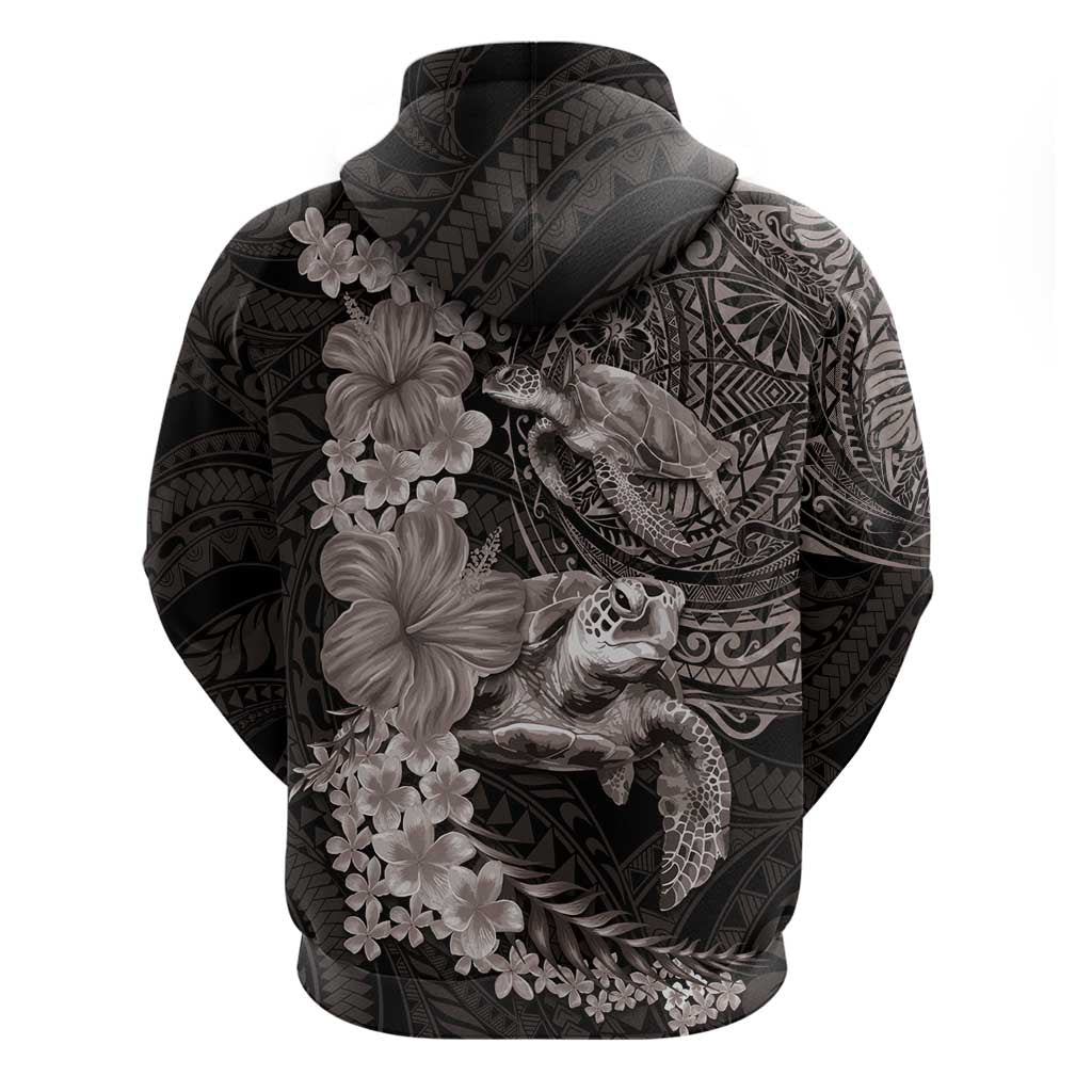 Hawaiian Plumeria and Hibiscus with Turtles Zip Hoodie Polynesian Art Grayscale - Polynesian Pride
