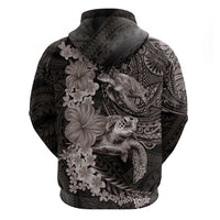Hawaiian Plumeria and Hibiscus with Turtles Zip Hoodie Polynesian Art Grayscale - Polynesian Pride
